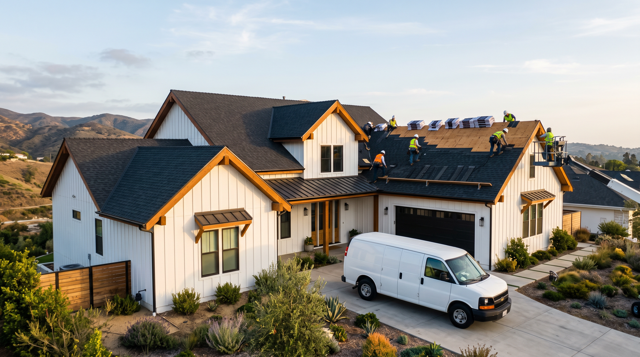 Roofs LA contractors installing a new roof on a beautiful Los Angeles home